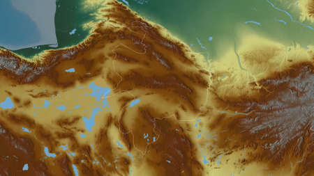 Razavi Khorasan, province of Iran. Colored relief with lakes and rivers. Shape outlined against its country area. 3D renderingの写真素材