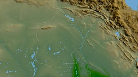 Ninawa, province of Iraq. Colored shader data with lakes and rivers. Shape outlined against its country area. 3D renderingの写真素材