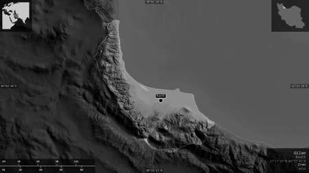 Gilan, province of Iran. Grayscaled map with lakes and rivers. Shape presented against its country area with informative overlays. 3D renderingの写真素材