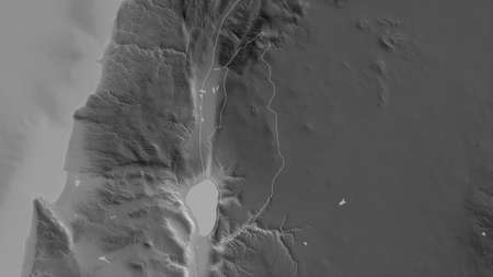 Golan, district of Israel. Grayscaled map with lakes and rivers. Shape outlined against its country...