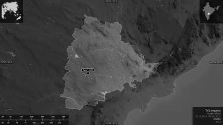 Telangana, state of India. Grayscaled map with lakes and rivers. Shape presented against its country...
