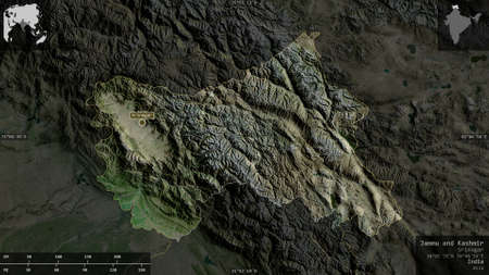 Jammu and Kashmir, state of India. Satellite imagery. Shape presented against its country area with...
