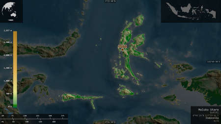 North Maluku, province of Indonesia. Colored shader data with lakes and rivers. Shape presented...
