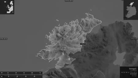 Donegal, county of Ireland. Grayscaled map with lakes and rivers. Shape presented against its...