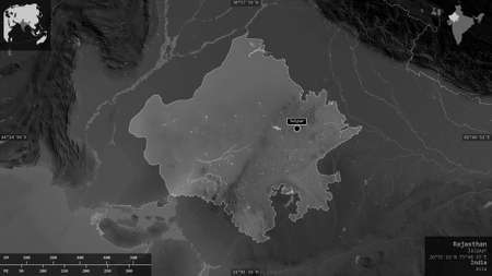 Rajasthan, state of India. Grayscaled map with lakes and rivers. Shape presented against its country...