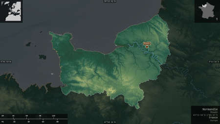 Normandie, region of France. Colored relief with lakes and rivers. Shape presented against its...
