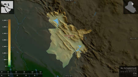 As-Sulaymaniyah, province of Iraq. Colored shader data with lakes and rivers. Shape presented...