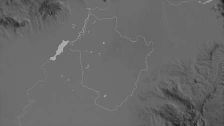 HajdÃº-Bihar, county of Hungary. Grayscaled map with lakes and rivers. Shape outlined against its country area. 3D renderingの写真素材