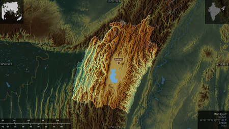 Manipur, state of India. Colored relief with lakes and rivers. Shape presented against its country...