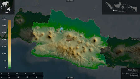 West Java, province of Indonesia. Colored shader data with lakes and rivers. Shape presented against...