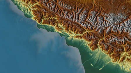 Abkhazia, autonomous republic of Georgia. Colored relief with lakes and rivers. Shape outlined against its country area. 3D renderingの写真素材