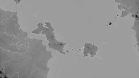 Bangka-Belitung, province of Indonesia. Grayscaled map with lakes and rivers. Shape outlined against its country area. 3D renderingの写真素材