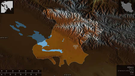 Alborz, province of Iran. Colored relief with lakes and rivers. Shape presented against its country area with informative overlays. 3D renderingの写真素材