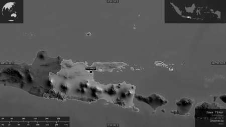 East java, province of Indonesia. Grayscaled map with lakes and rivers. Shape presented against its...