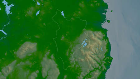 Kildare, county of Ireland. Colored shader data with lakes and rivers. Shape outlined against its...