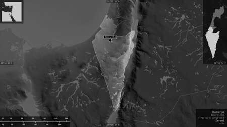 HaDarom, district of Israel. Grayscaled map with lakes and rivers. Shape presented against its...
