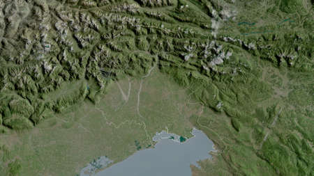 Friuli-Venezia Giulia, autonomous region of Italy. Satellite imagery. Shape outlined against its...