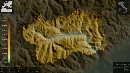 Valle d'Aosta, autonomous region of Italy. Colored shader data with lakes and rivers. Shape...