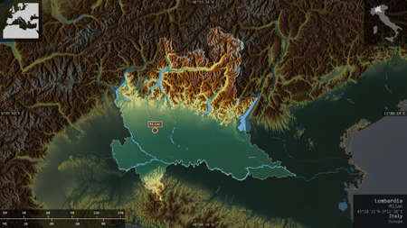 Lombardia, region of Italy. Colored relief with lakes and rivers. Shape presented against its...
