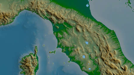 Toscana, region of Italy. Colored shader data with lakes and rivers. Shape outlined against its...