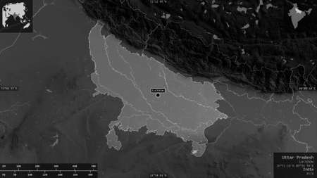 Uttar Pradesh, state of India. Grayscaled map with lakes and rivers. Shape presented against its...