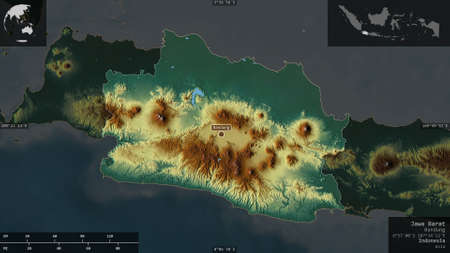 West Java, province of Indonesia. Colored relief with lakes and rivers. Shape presented against its...