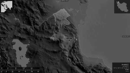 Ardebil, province of Iran. Grayscaled map with lakes and rivers. Shape presented against its country area with informative overlays. 3D renderingの写真素材