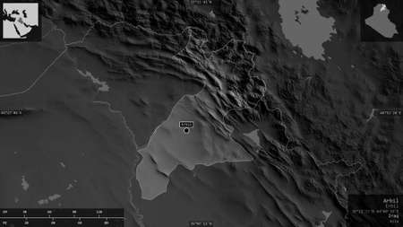 Arbil, province of Iraq. Grayscaled map with lakes and rivers. Shape presented against its country...