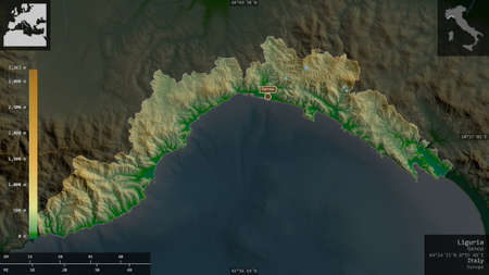 Liguria, region of Italy. Colored shader data with lakes and rivers. Shape presented against its...
