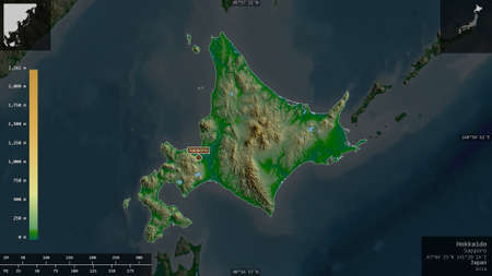 Hokkaido, circuit of Japan. Colored shader data with lakes and rivers. Shape presented against its...