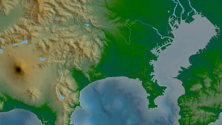 Kanagawa, prefecture of Japan. Colored shader data with lakes and rivers. Shape outlined against its...