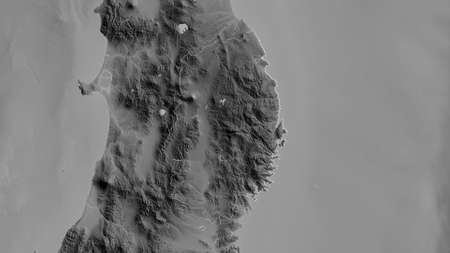 Iwate, prefecture of Japan. Grayscaled map with lakes and rivers. Shape outlined against its country...