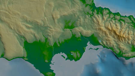 Saint Catherine, parish of Jamaica. Colored shader data with lakes and rivers. Shape outlined...