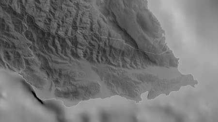 Saint Thomas, parish of Jamaica. Grayscaled map with lakes and rivers. Shape outlined against its...