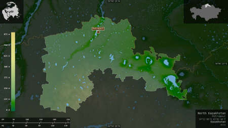 North Kazakhstan, region of Kazakhstan. Colored shader data with lakes and rivers. Shape presented...