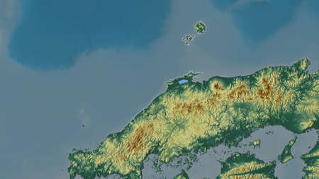 Shimane, prefecture of Japan. Colored relief with lakes and rivers. Shape outlined against its country area. 3D renderingの写真素材