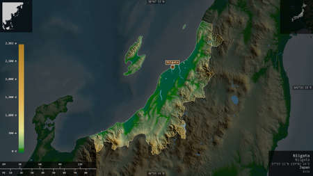 Niigata, prefecture of Japan. Colored shader data with lakes and rivers. Shape presented against its...
