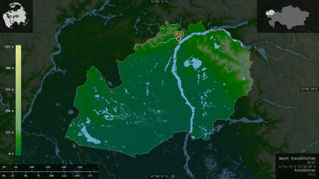 West Kazakhstan, region of Kazakhstan. Colored shader data with lakes and rivers. Shape presented...