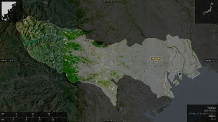 Tokyo, metropolis of Japan. Satellite imagery. Shape presented against its country area with...
