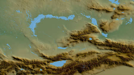 Almaty, region of Kazakhstan. Colored shader data with lakes and rivers. Shape outlined against its country area. 3D renderingの写真素材