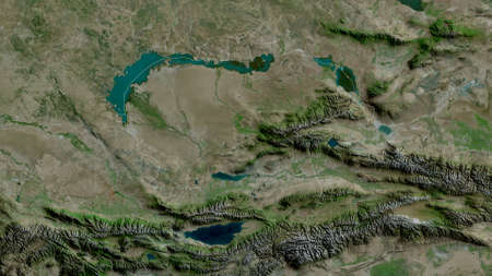Almaty, region of Kazakhstan. Satellite imagery. Shape outlined against its country area. 3D...