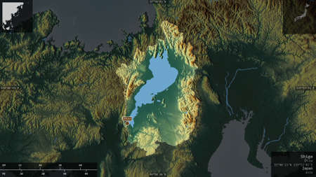 Shiga, prefecture of Japan. Colored relief with lakes and rivers. Shape presented against its...