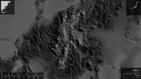 Nagano, prefecture of Japan. Grayscaled map with lakes and rivers. Shape presented against its...