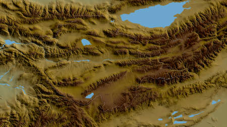 Naryn, province of Kyrgyzstan. Colored shader data with lakes and rivers. Shape outlined against its...