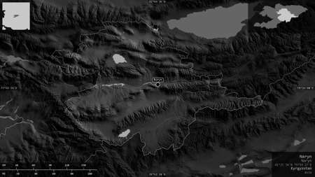 Naryn, province of Kyrgyzstan. Grayscaled map with lakes and rivers. Shape presented against its...