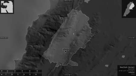 Baalbak-Hermel, governorate of Lebanon. Grayscaled map with lakes and rivers. Shape presented...
