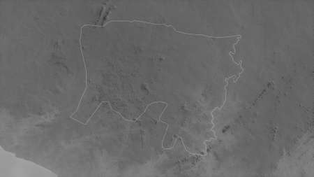 River Gee, county of Liberia. Grayscaled map with lakes and rivers. Shape outlined against its country area. 3D renderingの写真素材