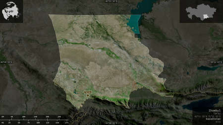 Zhambyl, region of Kazakhstan. Satellite imagery. Shape presented against its country area with...