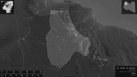 Al Jabal al Gharbi, district of Libya. Grayscaled map with lakes and rivers. Shape presented against its country area with informative overlays. 3D renderingの写真素材
