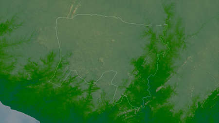 River Gee, county of Liberia. Colored shader data with lakes and rivers. Shape outlined against its...